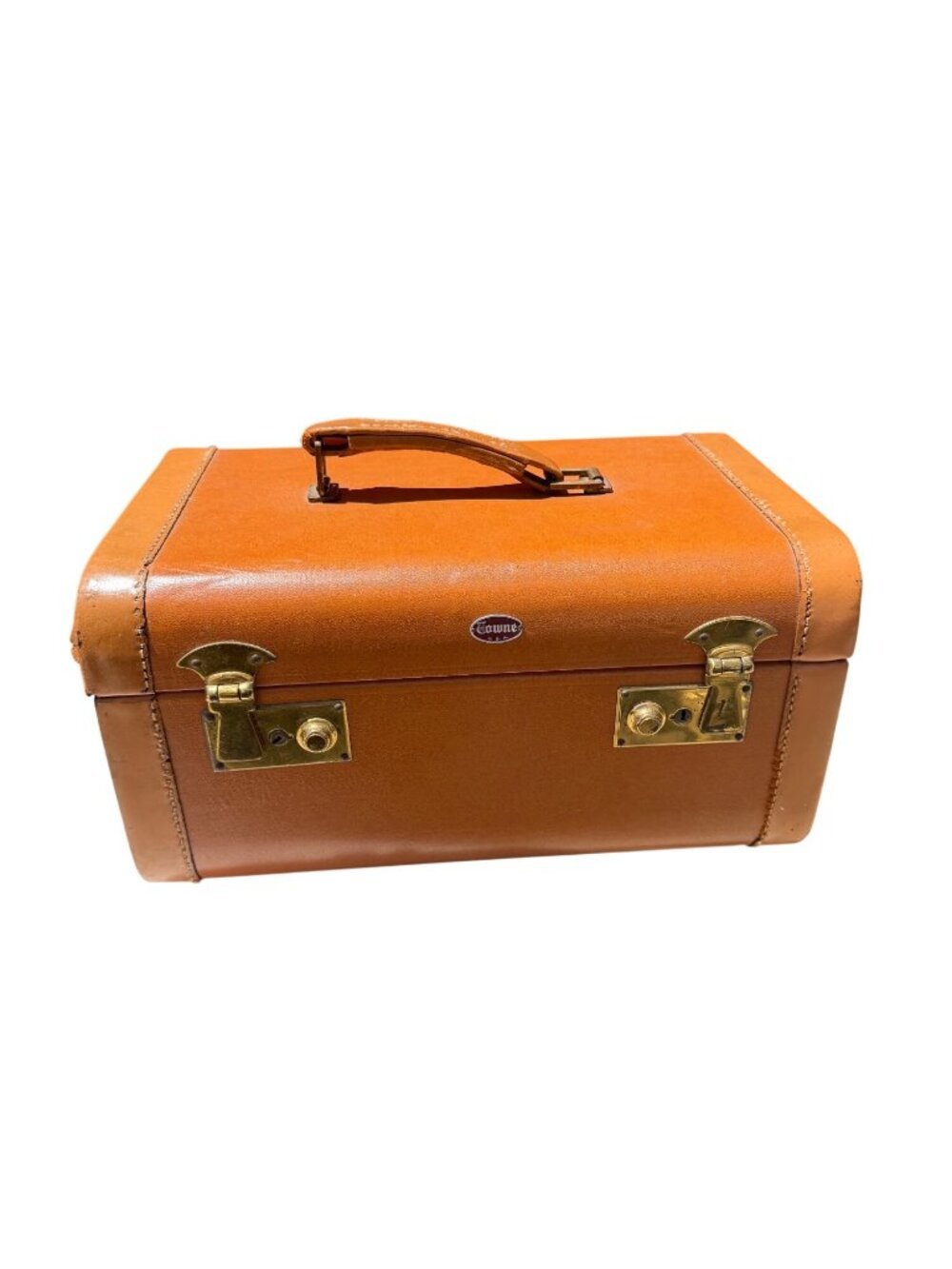 Vintage Crown Faux Leather Train Case With Mirror & Satin Interior Brass Hardwar